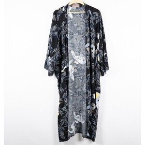 Coco De Chom Kimono Robe Womens One Size Crane Bird Print Duster Boho Lounge